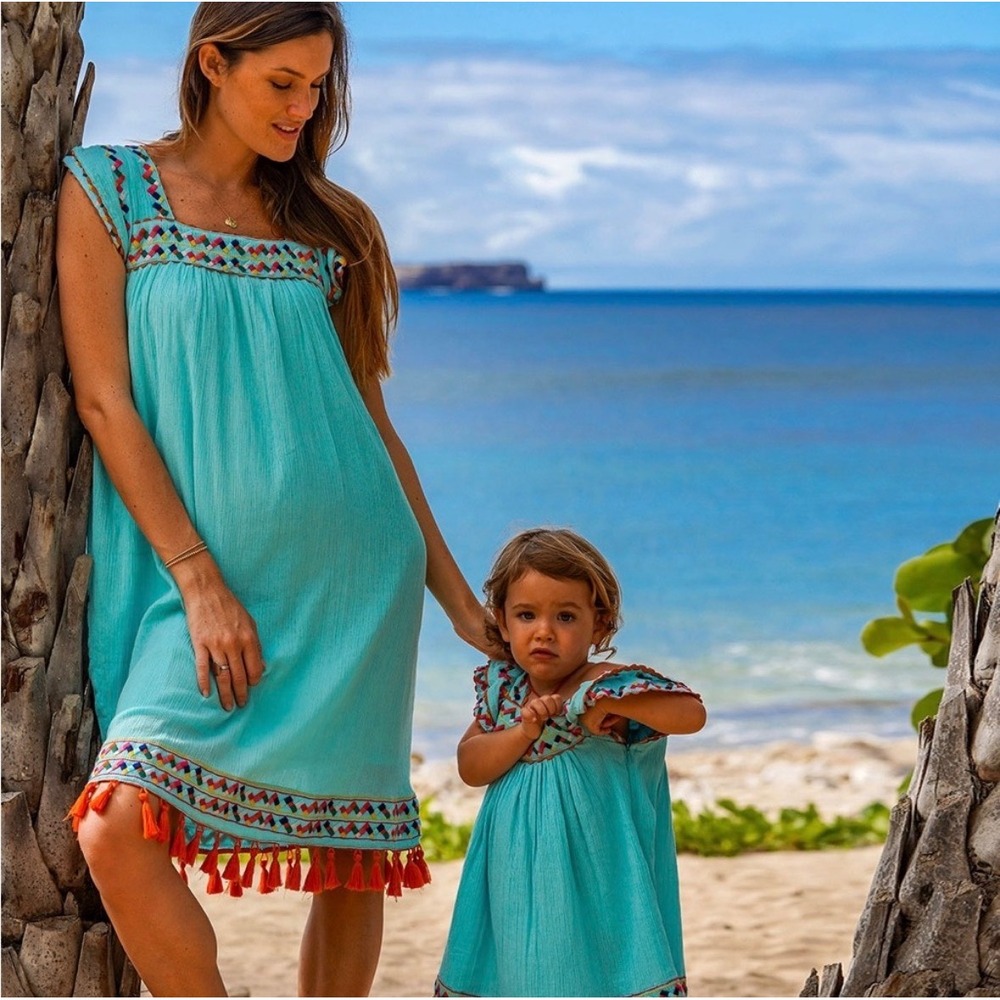 Mer St Barth Sandrine Aqua Tassel Embroidered Boho Resort Beach Dress Pockets M